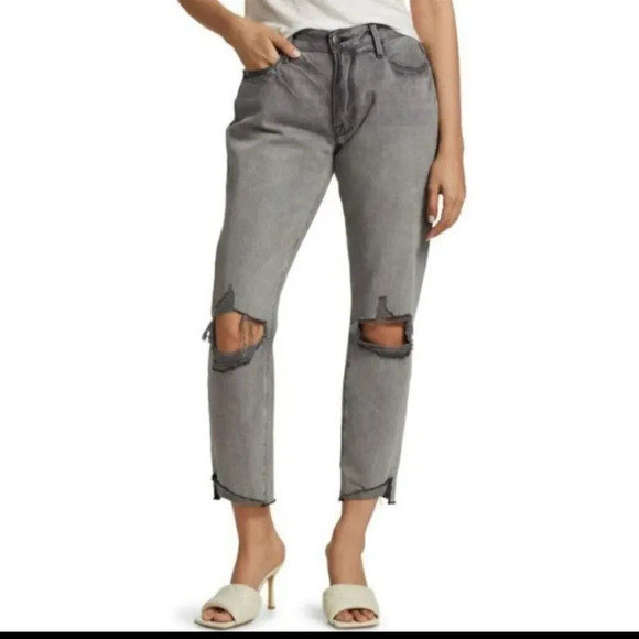 FRAME Le Garcon Front Cuff Distressed Cropped Straight Mid-Rise Jeans - Picture 1 of 9